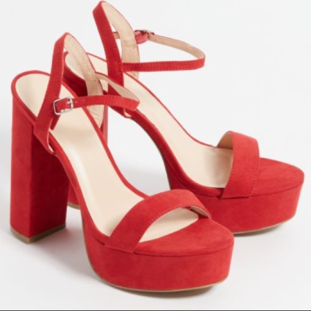 Red Faux Suede Ankle Strap Chunky Platform Heels
